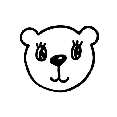 Çocuksu şirin hayvan suratı, ayı kafası karalama stili. Kumaş, poster, tekstil, kartpostal, duvar kağıdı, bebek kıyafetleri için yaratıcı karalama baskısı. Vektör illüstrasyonu