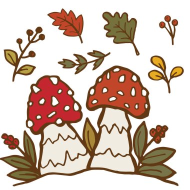 Merhaba Autumn. Sonbahar hasat sembolleri. Sonbahar yaprakları, böğürtlen ve mantar seti. El çizimi, taslak. Karalama tarzında vektör illüstrasyonu. Vektör illüstrasyonu