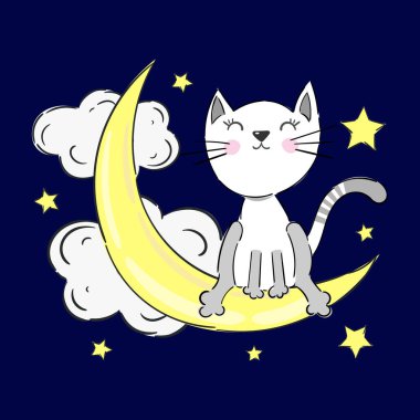 Cute kitten is sleeping on the moon, night and stars, sweet dreems. Vector illustration
