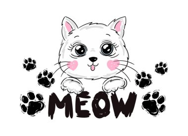 Sweet white cat face print design with slogan. Vector illustration design for fashion fabrics, textile graphics, prints. Vector illustration