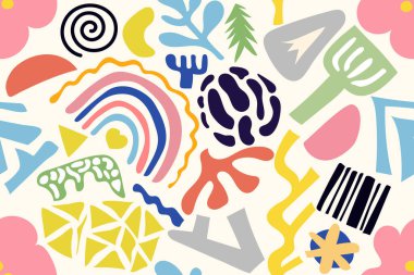 Abstract trendy vector illustration pattern. Hand drawn various shapes and floral doodle object. Cute and modern wallpaper, fabric and packaging design. Collage design elements set perfect for textile