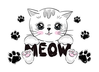 Pençeli ve miyav harfli şirin kedi portresi. El çizimi kedi yüzü, neşeli moda kedisi karikatürü tişört baskısı, çocuk tebrik kartı, evcil hayvan partisi davetiyesi.