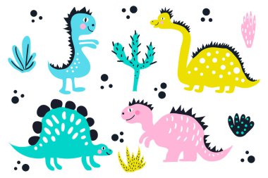 Set of cute colored dinosaurs. Vector kids illustration in cartoon style. Vector illustration