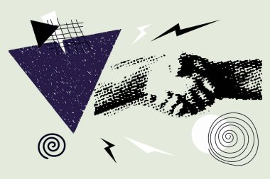 Art collage with Halftone Human Hands. Composition with bold geometric shapes, Pop Vector Design. Vector illustration