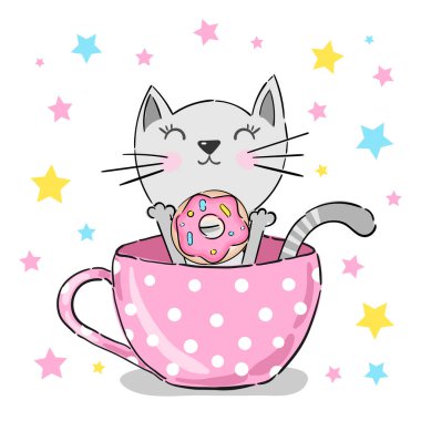 Cute kitten in a cup. Cartoon illustration of a little kitten sitting in the mug isolated on a white background. Vector illustration