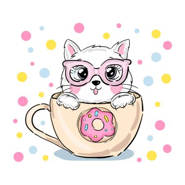 Cute kitten in a cup. Cartoon illustration of a little kitten sitting in the mug isolated on a white background. Vector illustration