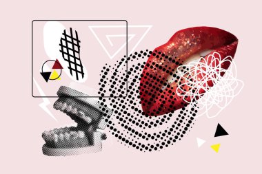 Collage jaw and lips art fashion poster, halftone effect trendy modern illustration. Vector illustration