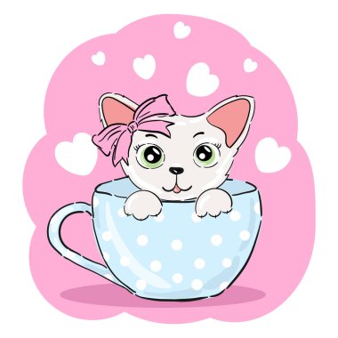 Cute kitten in a cup. Cartoon illustration of a little kitten sitting in the mug isolated on a white background. Vector illustration