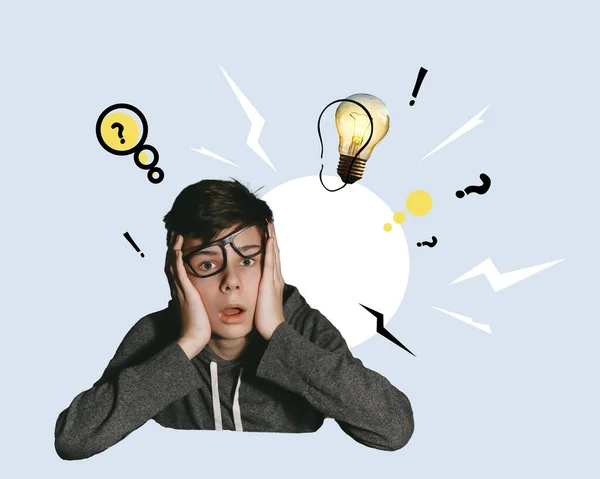 The young man is confused, holding his head with his hands. Light bulb as a symbol of an idea. Art collage. Study and business problem student Concept. High quality illustration