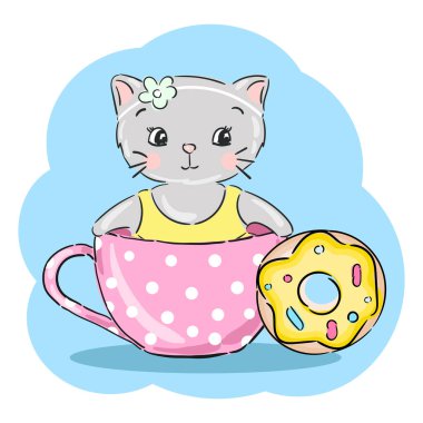 Cute little kitty girl with pink bow inside the cup. Vector illustration