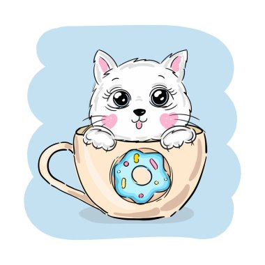 Cute cat in cup with blue donut. Funny kitty. Happy kitten sitting in blue mug. Cartoon sweet pet, hand drawn vector illustration isolated on white. Flat design. Vector illustration