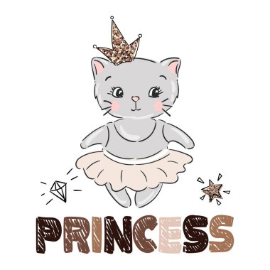 Işıltılı tacı olan sevimli prenses kedi. Vektör illüstrasyonu