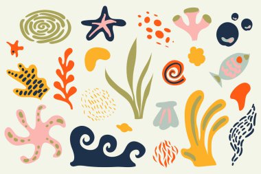 Marine set with sea shells. Collection of seabed flora and fauna design elements. Modern doodle elements, hand drawn scribble set, contemporary vector illustration. Abstract organic shapes. Vector