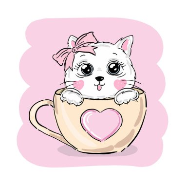 Cute little kitty girl with pink bow inside the cup. Vector illustration