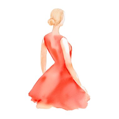 Woman with red dress, back view, vector watercolor illustration, abstract fashion background. Vector illustration