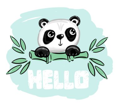 Panda vector print, baby shower card. Hello panda cartoon illustration, greeting card, kids cards for birthday poster or banner, doodle invitation. Vector illustration