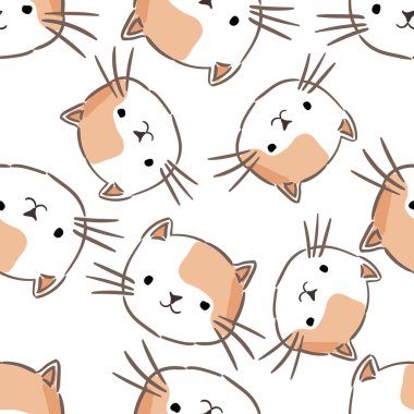 Cat vector pattern with hand drawn painted cat faces. Seamless print illustration for children. Vector illustration