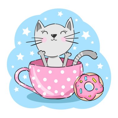 Cute cat kitten with sweet cake donut vector child kids illustration. Vector illustration