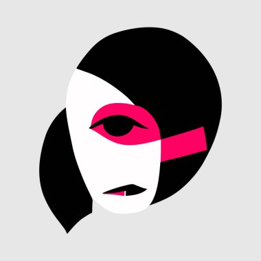 Modern illustration woman face abstract shapes with hairstyle, portrait in minimalistic flat style. Female art poster. Elegant lady art in colors. Vector illustration