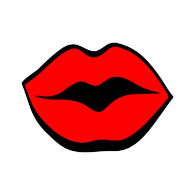 Simple Red Lips kiss. Vector patch, sticker isolated on white. Cool sexy red kissed. Cartoon Sign for print, in comics, Fashion, pop art, retro style. Vector illustration