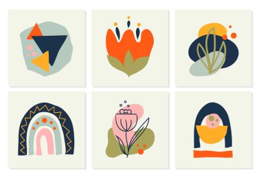 Set of hand drawn shapes and doodle design elements. Exotic jungle leaves, flowers and plants. Abstract contemporary modern trendy vector illustration. Perfect for posters, posts, stickers. Vector