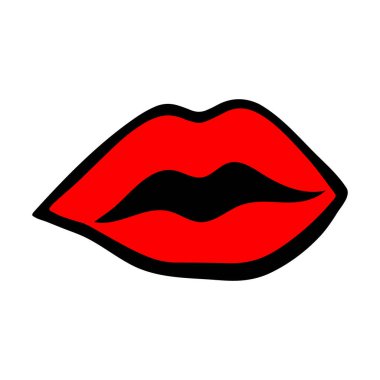 Simple Red Lips kiss. Vector patch, sticker isolated on white. Cool sexy red kissed. Cartoon Sign for print, in comics, Fashion, pop art, retro style. Vector illustration