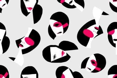Fashion girl seamless pattern. Model Women head geometric background. Hand drawn vector illustration. Glamour texture. Female portraits texture in modern abstract style. Vector illustration