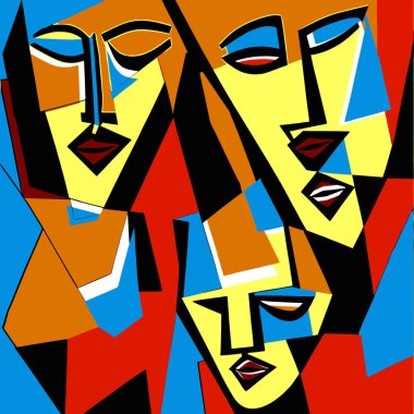 Digital art. Modern. Poster. Faces of girl or woman. Digital painting. Contemporary art. Expressionism. Cubism. Beautiful woman portrait. Abstract fashion illustration. Picture for interior, in room