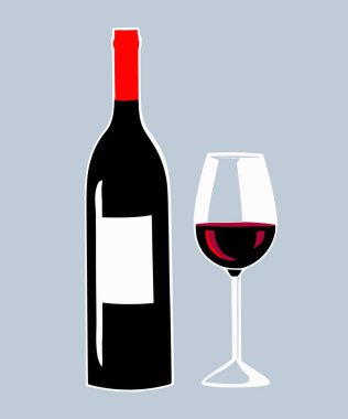 Vector illustration of a bottle and a glass of red wine on blue background. Vector illustration