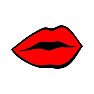 Simple Red Lips kiss. Vector patch, sticker isolated on white. Cool sexy red kissed. Cartoon Sign for print, in comics, Fashion, pop art, retro style. Vector illustration