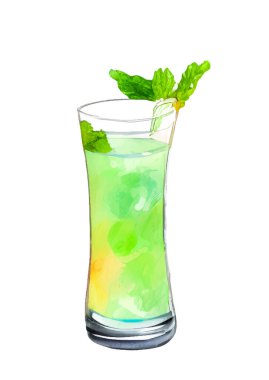 Vector green and yellow summer cocktail with lemon in glass painted in watercolor on a white background. Vector illustration
