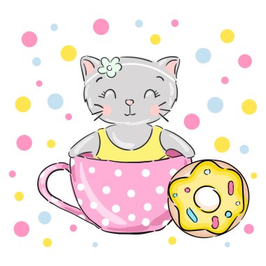 Cute little kitten, baby cat in tea cup with sweet donut on colorful dots background. Vector illustration
