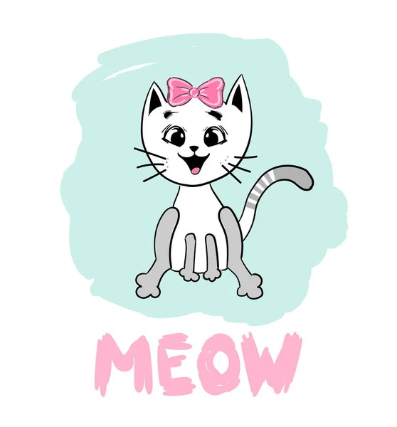 Little Cat Saying Meow Cute Vector Girly Princess Kitten Can — Stock Vector