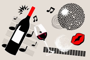 Party and disco art collage. Abstract music background with geometric shapes, lips and wine. Vector illustration