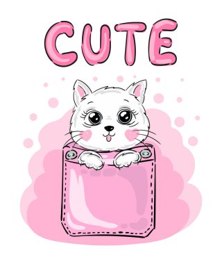 t-shirt design cute cat in pocket with pink text Cute, child fashion print. Vector illustration