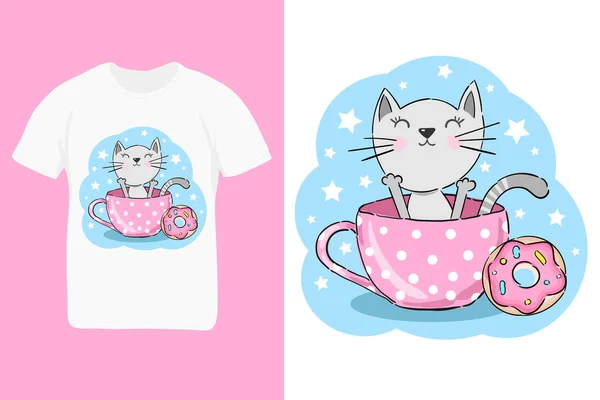 Shirt Design Cute Cat Cup Donut Child Fashion Print Vector — Image vectorielle