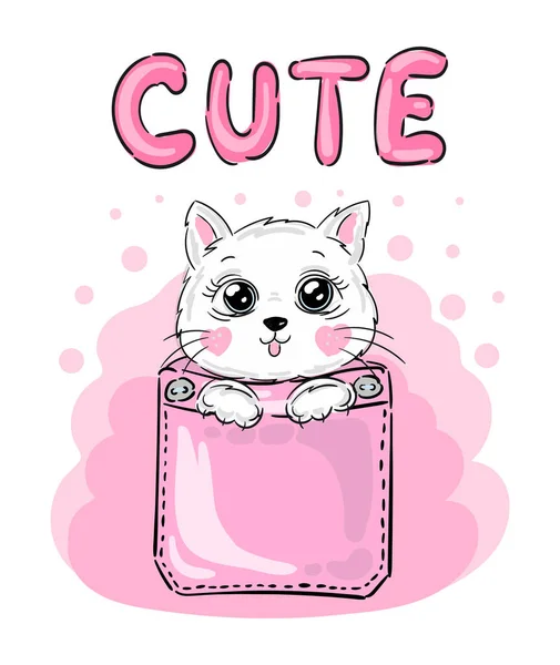Shirt Design Cute Cat Pocket Pink Text Cute Child Fashion — ストックベクタ