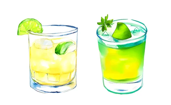 Aquarelle Dessinée Main Ensemble Cocktails Rafraîchissants Tropicaux Vecteur Illustration Vectorielle — Image vectorielle