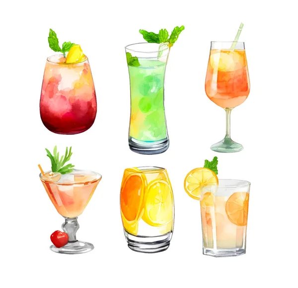 Hand Drawn Watercolor Set Tropical Refreshment Cocktails Vector Vector Illustration — Stock Vector