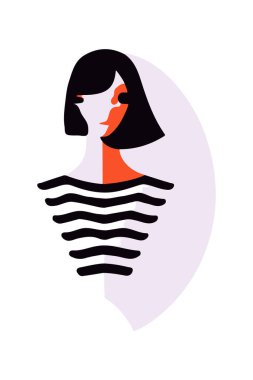 Güzel bir kadının yarım boy portresi, soyut dalgalar ve şekiller tasarım, moda konsepti. Vektör illüstrasyonu