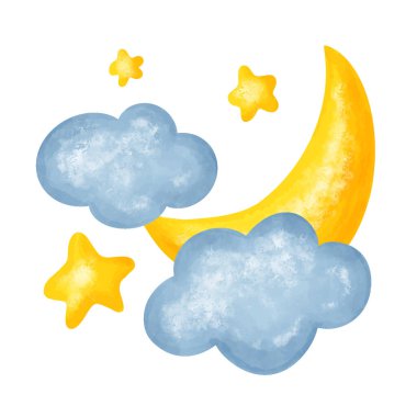 Sevimli bulutlu ve yıldızlı hilal. Çocuksu tasarım için el sarısı yarım ay çizilmiş. Çocuklar için gök küresi tasviri. Vektör illüstrasyonu