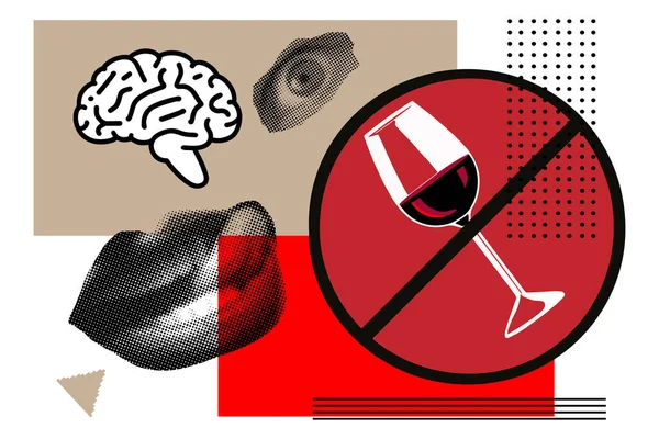 Collage Arte Con Labbra Elementi Astratti Concetto Parzialità Alcolica Divieto — Vettoriale Stock