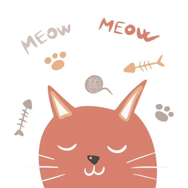 Vörös Macskafej Miau Betűs Kontúrszöveg Aranyos Rajzfilmfigura Sziluett Vektorillusztráció — Stock Vector