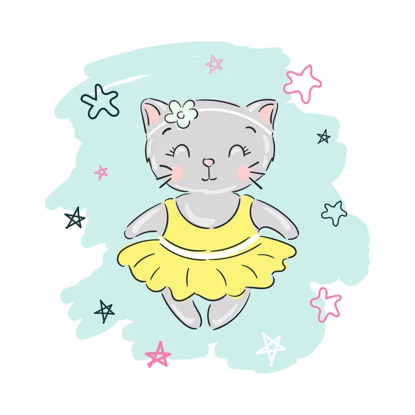 Vector Hand Drawn Cute Cat Yellow Dress Kitten Girl Vector — Stock Vector