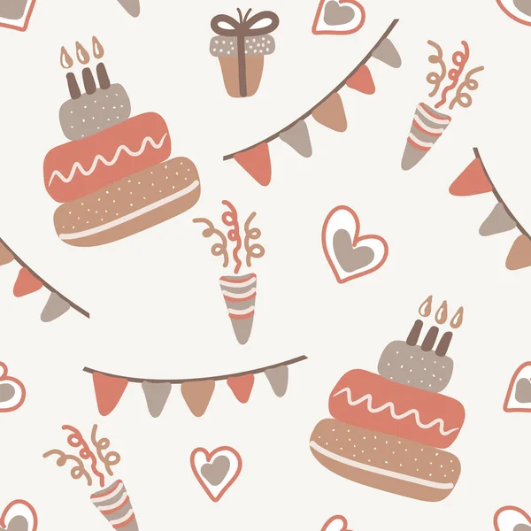 stock vector Cute baby Birthday Cakes Seamless Pattern. Tasty Celebratory Decorated Bakery, Cupcakes With Burning Candles on beige Background. Greeting Card, Wrapping Paper, Wallpaper. Cartoon Vector Illustration