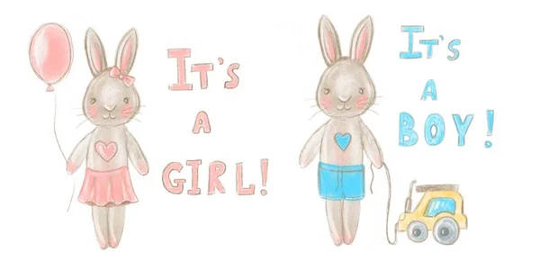 短いと弓を持つ女の子で小さな笑顔のウサギの少年の手のイラストを描きました その少年をテキスト その女の子 白い背景に孤立したオブジェクト デザインコンセプトの子供たち 高品質のイラスト — ストック写真