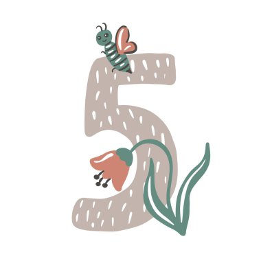 - Beş. 5 numara. Soyut matematik çocuk alfabesi. Okul çocuğu grafik vektör illüstrasyonu. Çiçekli matematik yazı tipi tasarımı. Vektör illüstrasyonu