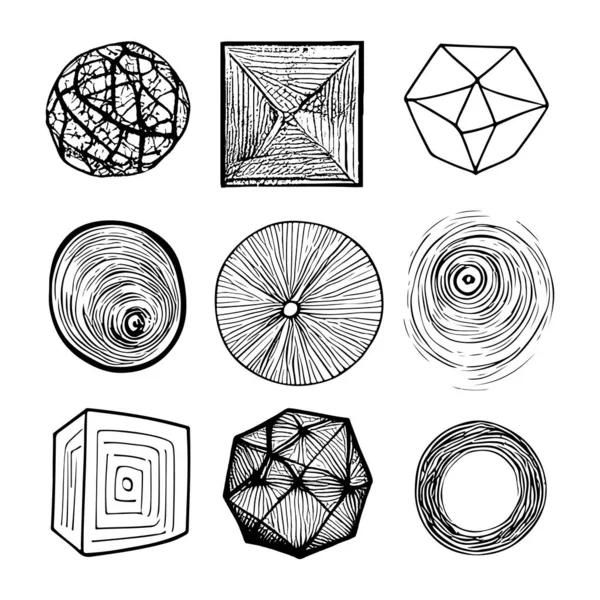 Set Abstracte Geometrische Vormen Grungy Met Hand Getekend Krabbel Schets — Stockvector