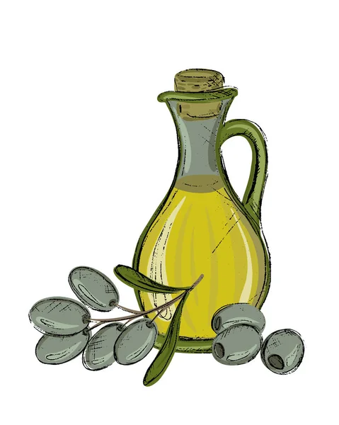 Láhev Olivového Oleje Olivy Větvi Plochém Provedení Vektorové Ilustrace Izolované — Stockový vektor