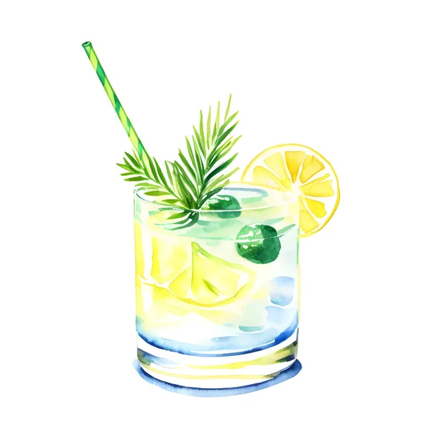 Bicchiere Acquerello Bevanda Estiva Succo Limone Cocktail Con Foglie Limone — Vettoriale Stock